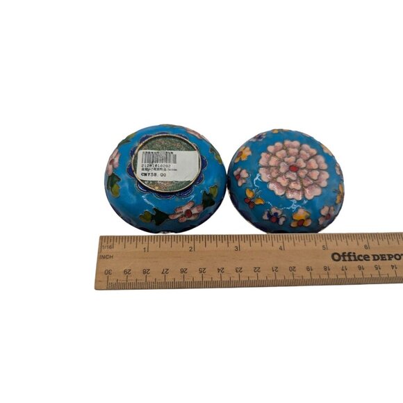 Hand-Painted Floral Cloisonné Trinket Box - Blue & Pink Enamel - 2.5" Diameter - Picture 6 of 10